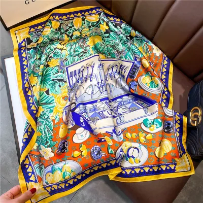 Women Fashion Simple Dot Floral Print Square Silk Scarf 68x68cm