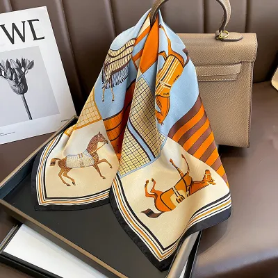 Women Fashion Plaid Horse Printed Silk Square Scarf