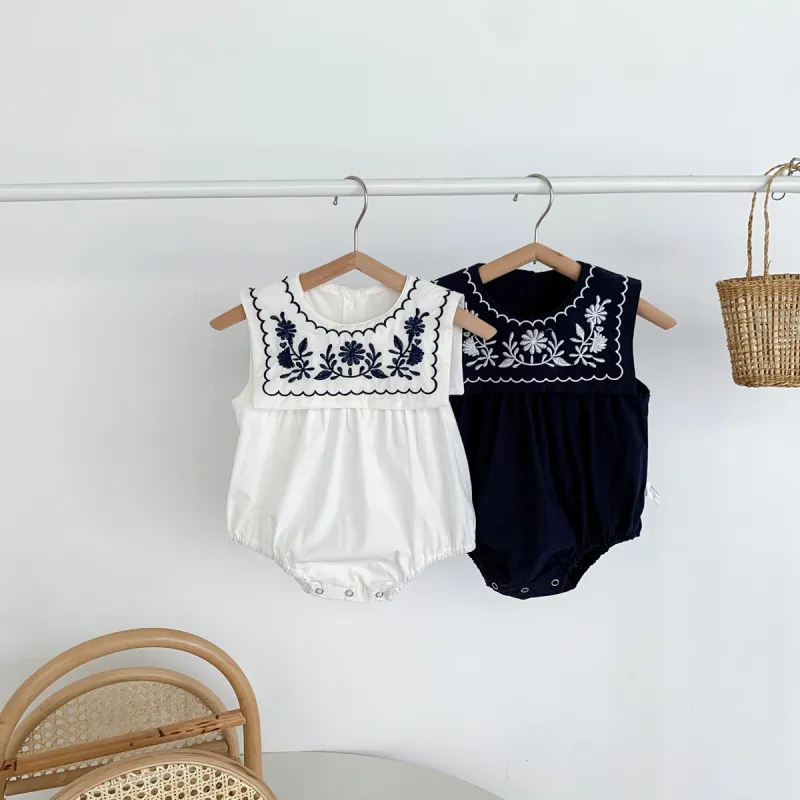 Kids Baby Girls Cute Embroidery Sleeveless Round Neck Romper Cotton Triangle Clasp Bodysuit