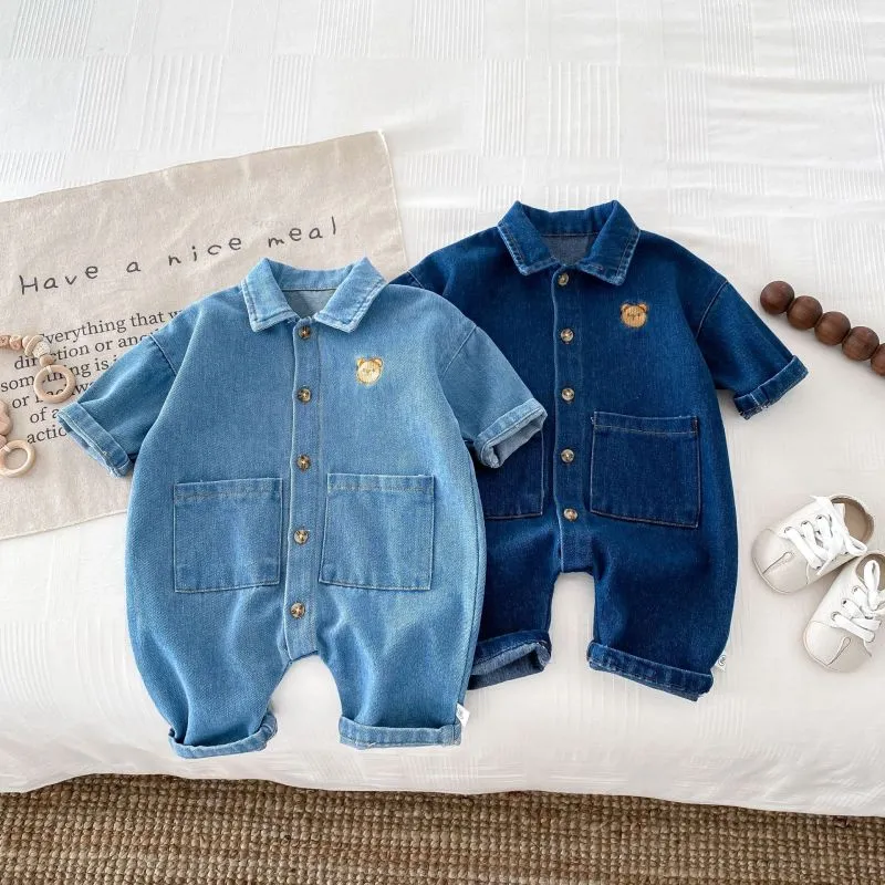 Kids Baby Boys Girls Casual Cute Cartoon Embroidery Short Sleeve Lapel Denim Romper Pullover Long Climb