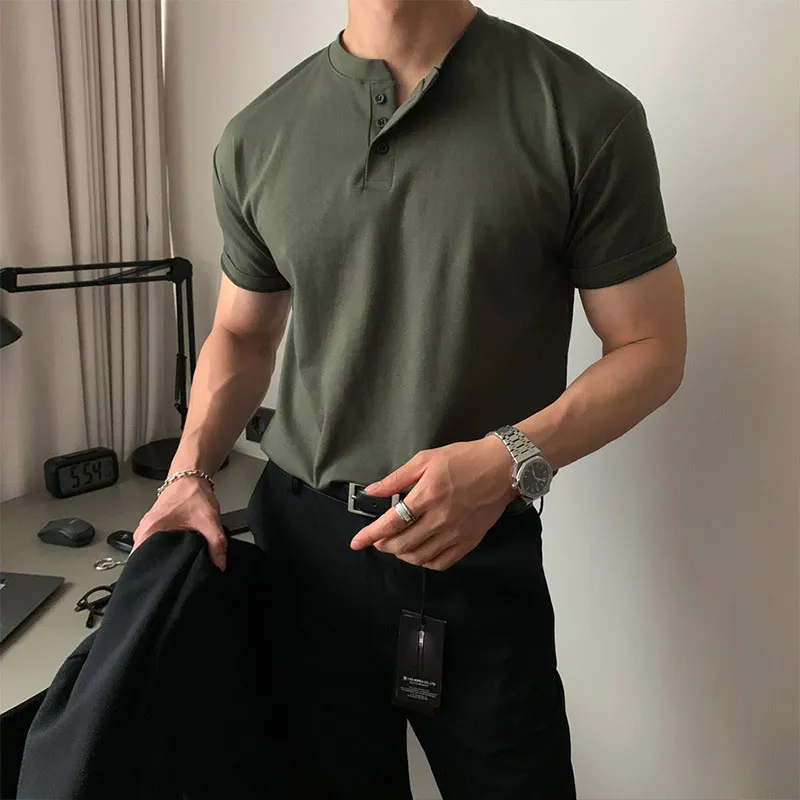 Men Fashion Casual Solid Color Short Sleeve Stand Collar Ice Silk Pullover T-Shirt