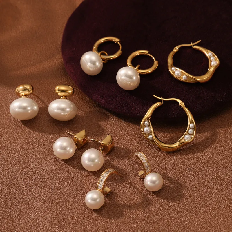 Women Fashion Geometric Pearl Stainless Steel Earrings