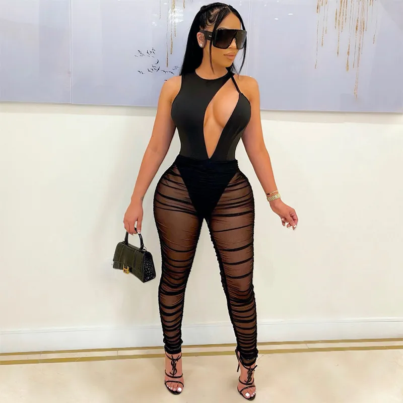 Women Sexy Mesh Perspective Bodysuit Pants Two-Piece Set