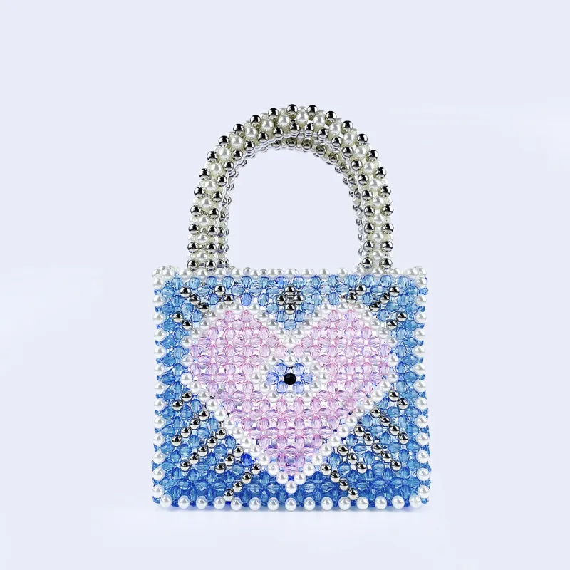 Women Fashion Heart Shaped Color Block Beaded Square Handle Evening Bag Party Valentine