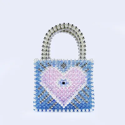 Women Fashion Heart Shaped Color Block Beaded Square Handle Evening Bag Party Valentine