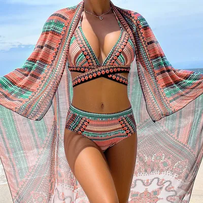 Women Boho Three-Piece Swimsuit High Waist Bikini Cross Strap Beach Set