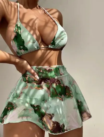 Sexy Summer Vacation Women Tie Dye Print Halter Bikini Swimwear Set