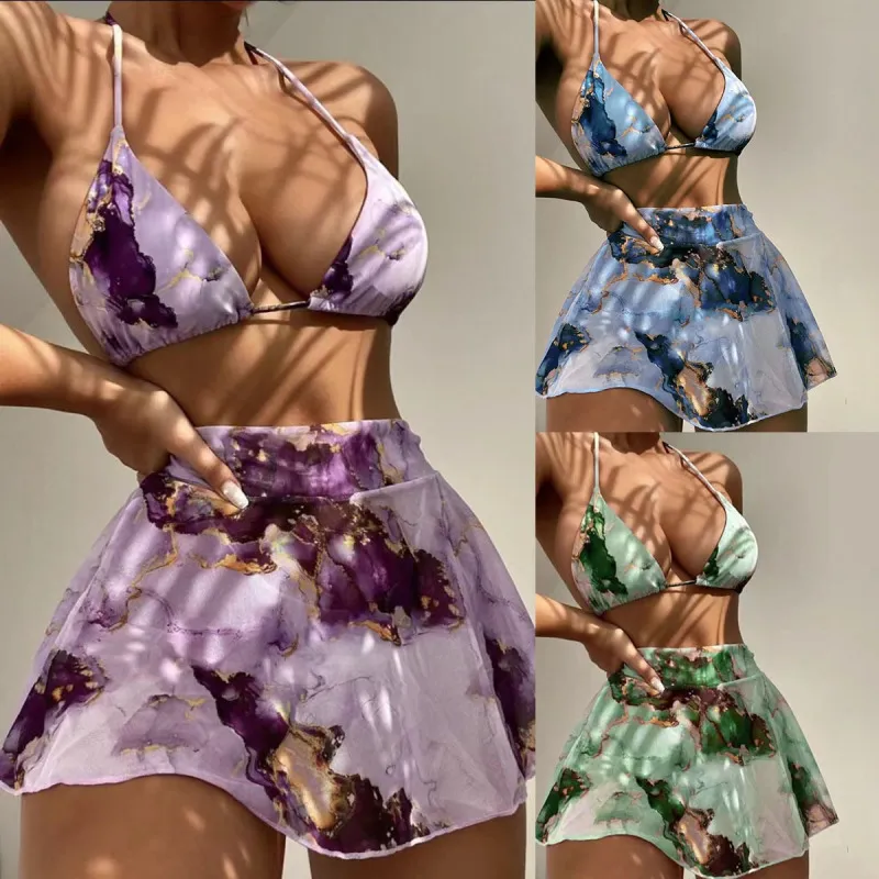 Sexy Summer Vacation Women Tie Dye Print Halter Bikini Swimwear Set