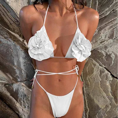 Women Sexy Backless Tether Split Flower Bikini Swimsuit Solid Color Polyester