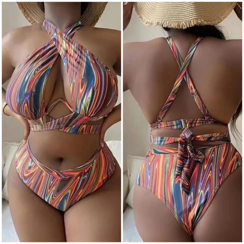 Women Summer Vacation Sexy Plus Size Tie Dye Print Split High Waist Halter Bikini Swimsuit