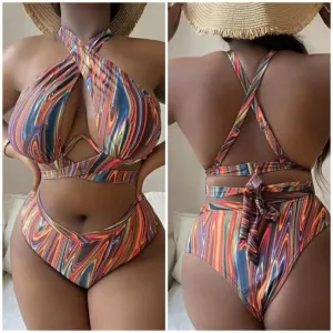 Women Summer Vacation Sexy Plus Size Tie Dye Print Split High Waist Halter Bikini Swimsuit