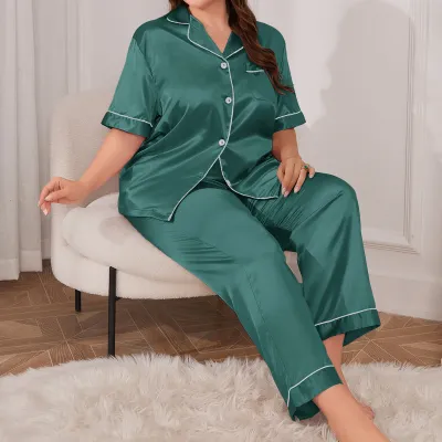 Women Large Size Elegant Simulation Silk Short Sleeve Pajamas Set