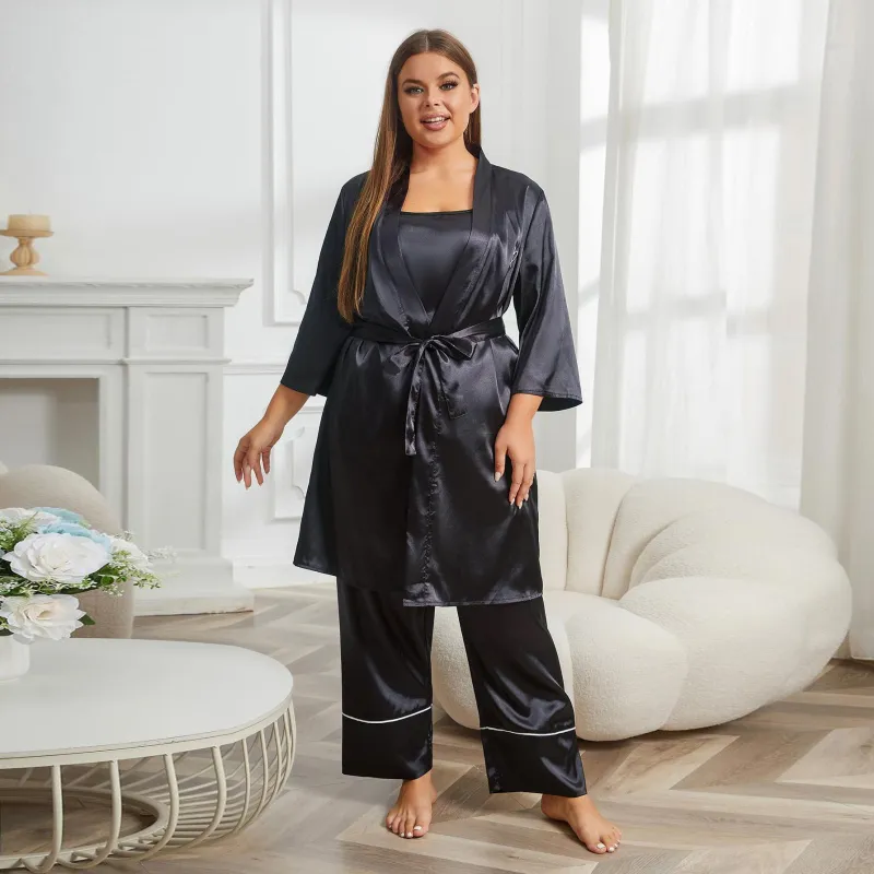 Women's Plus Size Casual Solid Color Pajamas Set with Long Sleeve