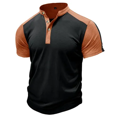Men Fashion Casual Sports Colorblock Short Sleeve Stand Collar T-Shirt