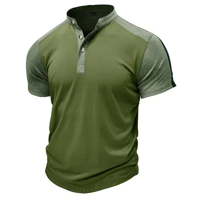 Men Fashion Casual Sports Colorblock Short Sleeve Stand Collar T-Shirt