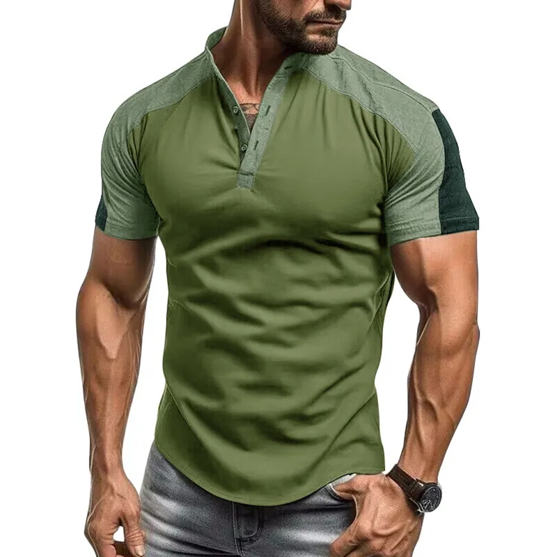 Men Fashion Casual Sports Colorblock Short Sleeve Stand Collar T-Shirt