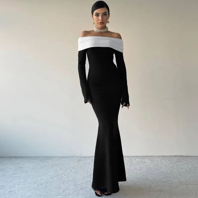 Women Fashion Color Contrast Shoulder Long Sleeve Bodycon Maxi Dress