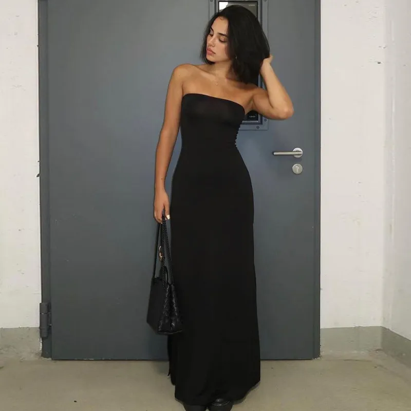 Women Fashion Solid Color Strapless Side Split Maxi Dress