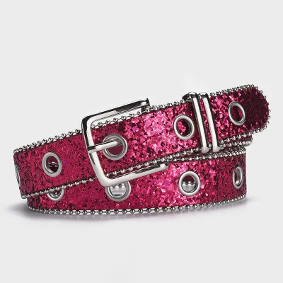 Women Fashion Sequined Decorative Belt PU Leather Pin Buckle Length 107cm Width 3.3cm