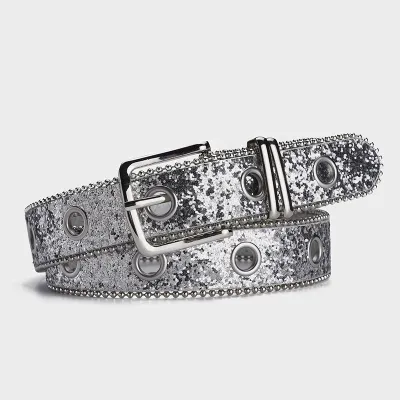 Women Fashion Sequined Decorative Belt PU Leather Pin Buckle Length 107cm Width 3.3cm