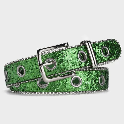 Women Fashion Sequined Decorative Belt PU Leather Pin Buckle Length 107cm Width 3.3cm