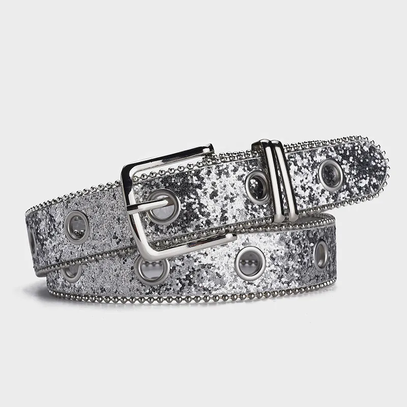 Women Fashion Sequined Decorative Belt PU Leather Pin Buckle Length 107cm Width 3.3cm