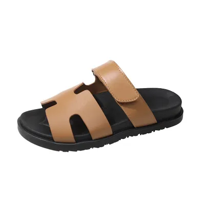 Women Fashion Plus Size Color Block Velcro Flat Slippers