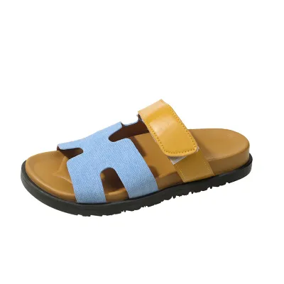 Women Fashion Plus Size Color Block Velcro Flat Slippers