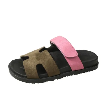 Women Fashion Plus Size Color Block Velcro Flat Slippers