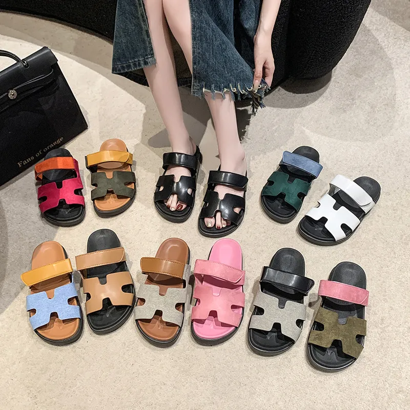 Women Fashion Plus Size Color Block Velcro Flat Slippers