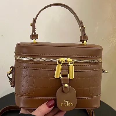 Women Fashion Stone Pattern Zipper PU Bucket Handle Shoulder Bag Small