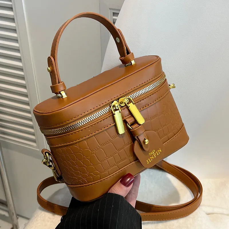 Women Fashion Stone Pattern Zipper PU Bucket Handle Shoulder Bag Small