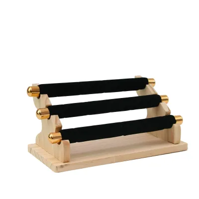 Light Luxury Suede Three-Layer Ring Storage Rack with Solid Wood Base