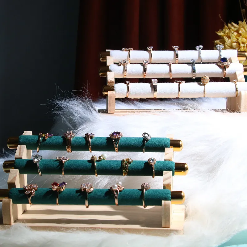 Light Luxury Suede Three-Layer Ring Storage Rack with Solid Wood Base