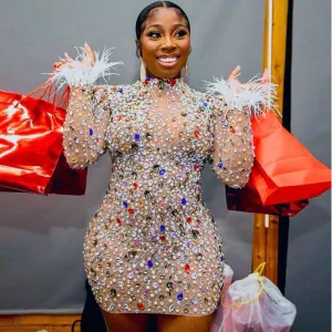 Multicolor Rhinestone Gauze Mesh Stretch African Sexy Slim Party Prom Dress