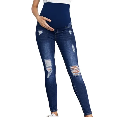 Pregnant Women Fashionable High Waist Belly Holed Skinny Jeans
