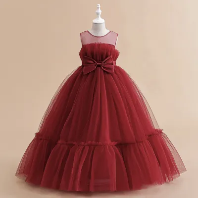 Kids Toddler Girls Solid Color Mesh Bow Sleeveless Party Tutu Princess Dress