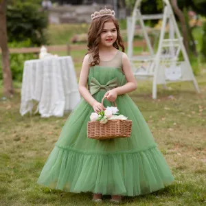 Kids Toddler Girls Solid Color Mesh Bow Sleeveless Party Tutu Princess Dress