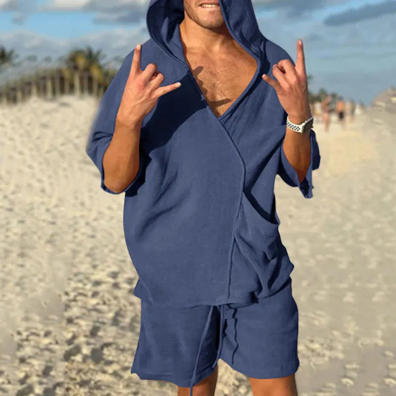 Men's Fashion Casual Solid Color Short Sleeve Hooded Top and Shorts Set