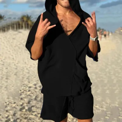 Men's Fashion Casual Solid Color Short Sleeve Hooded Top and Shorts Set