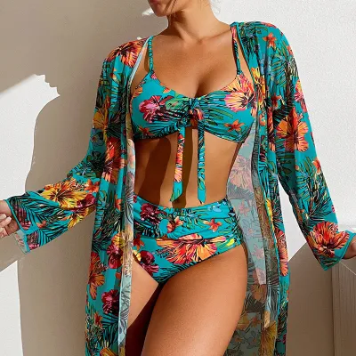 Boho Style Women Vacation Long-Sleeved Blouse Split Three-Piece Floral Printed Sexy Swimsuit
