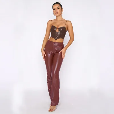 Women Fashion Solid Color High Elastic PU Leather Straight Leg Pants