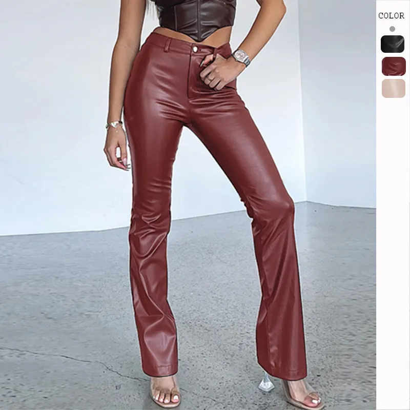 Women Fashion Solid Color High Elastic PU Leather Straight Leg Pants