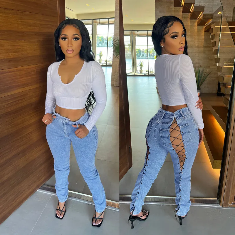 Women Fashion Lace-Up Cut-Out Jeans