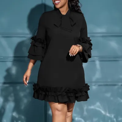 Women Plus Size Lace-Up Ruffled Street Hipster Dress