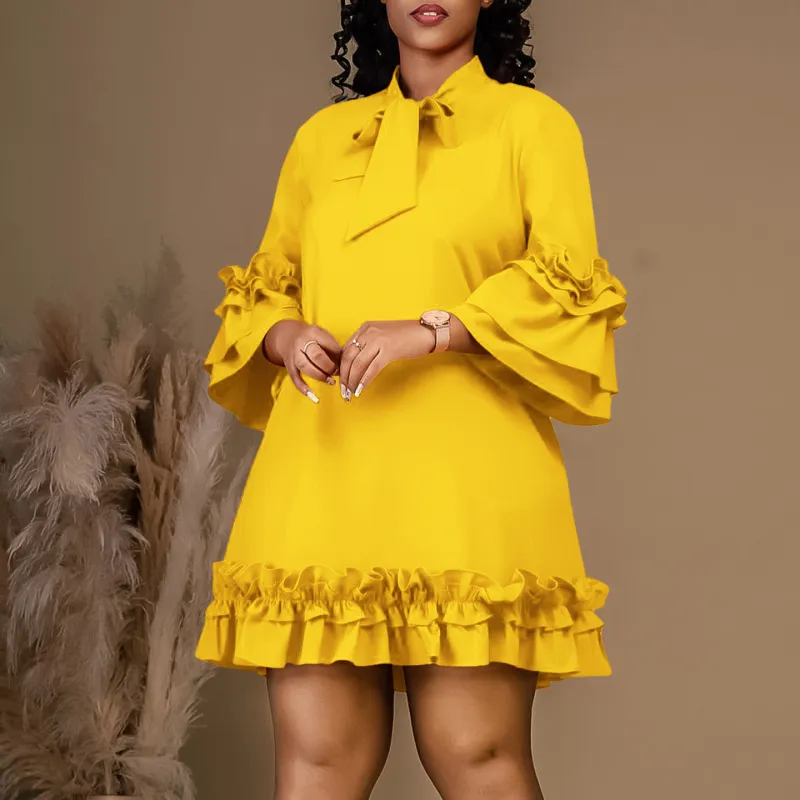 Women Plus Size Lace-Up Ruffled Street Hipster Dress