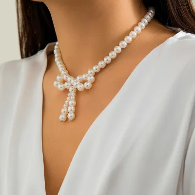 Fashion Imitation Pearl Bow Ball Chain Necklace