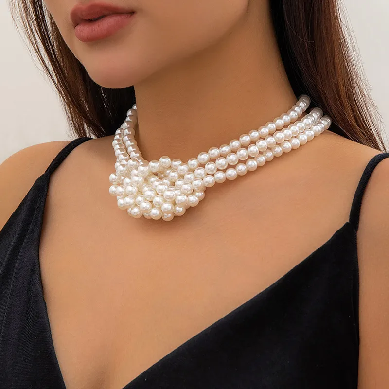 Retro Stitching Knot Multi-Layer Imitation Pearl Necklace Geometric Ball Chain