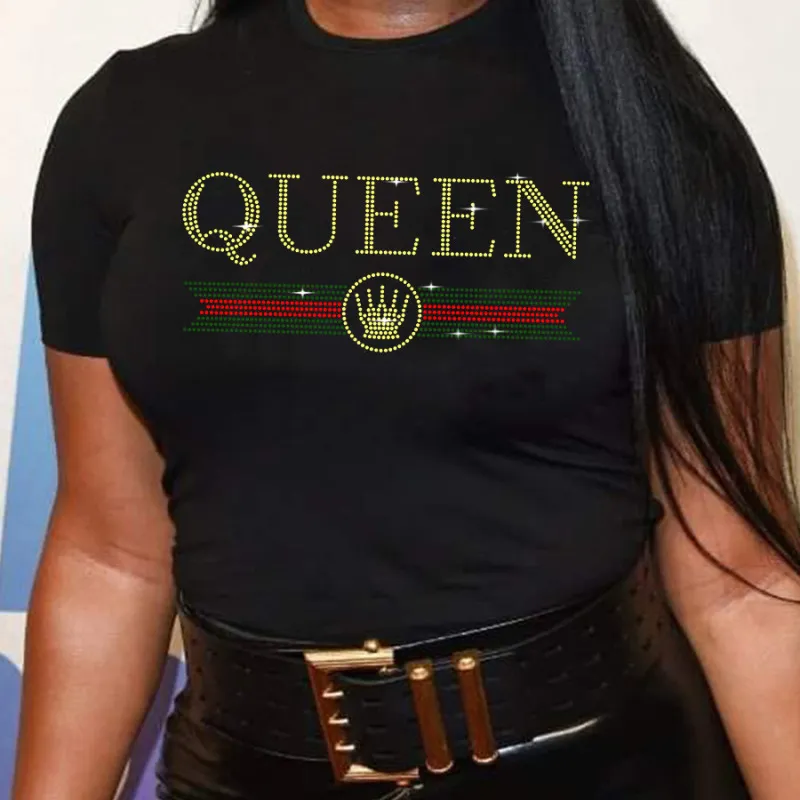 Women Fashion Plus Size Letter Rhinestone Round Neck Short Sleeve T-Shirt