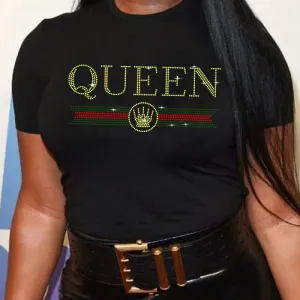 Women Fashion Plus Size Letter Rhinestone Round Neck Short Sleeve T-Shirt